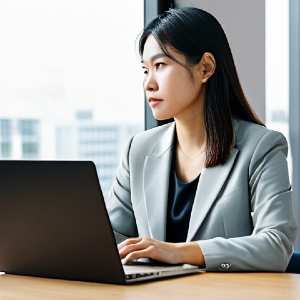A Vietnamese solopreneur, mid-30s, female, with a thoughtful and focused expression, looking out a large window in a bright, modern co-working space. She is wearing a modest, professional blazer over a smart blouse and tailored trousers. A sleek laptop is open on a desk in front of her. The co-working space is clean, minimalist, with abundant natural light, conveying a sense of deep thought and strategic planning. Professional photography, high resolution, realistic, perfect anatomy, correct proportions, natural pose, well-formed hands, proper finger count, natural body proportions, fully clothed, modest clothing, appropriate attire, professional dress, safe for work, appropriate content, family-friendly.