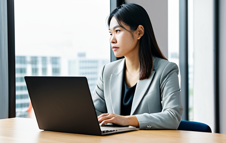 A Vietnamese solopreneur, mid-30s, female, with a thoughtful and focused expression, looking out a large window in a bright, modern co-working space. She is wearing a modest, professional blazer over a smart blouse and tailored trousers. A sleek laptop is open on a desk in front of her. The co-working space is clean, minimalist, with abundant natural light, conveying a sense of deep thought and strategic planning. Professional photography, high resolution, realistic, perfect anatomy, correct proportions, natural pose, well-formed hands, proper finger count, natural body proportions, fully clothed, modest clothing, appropriate attire, professional dress, safe for work, appropriate content, family-friendly.
