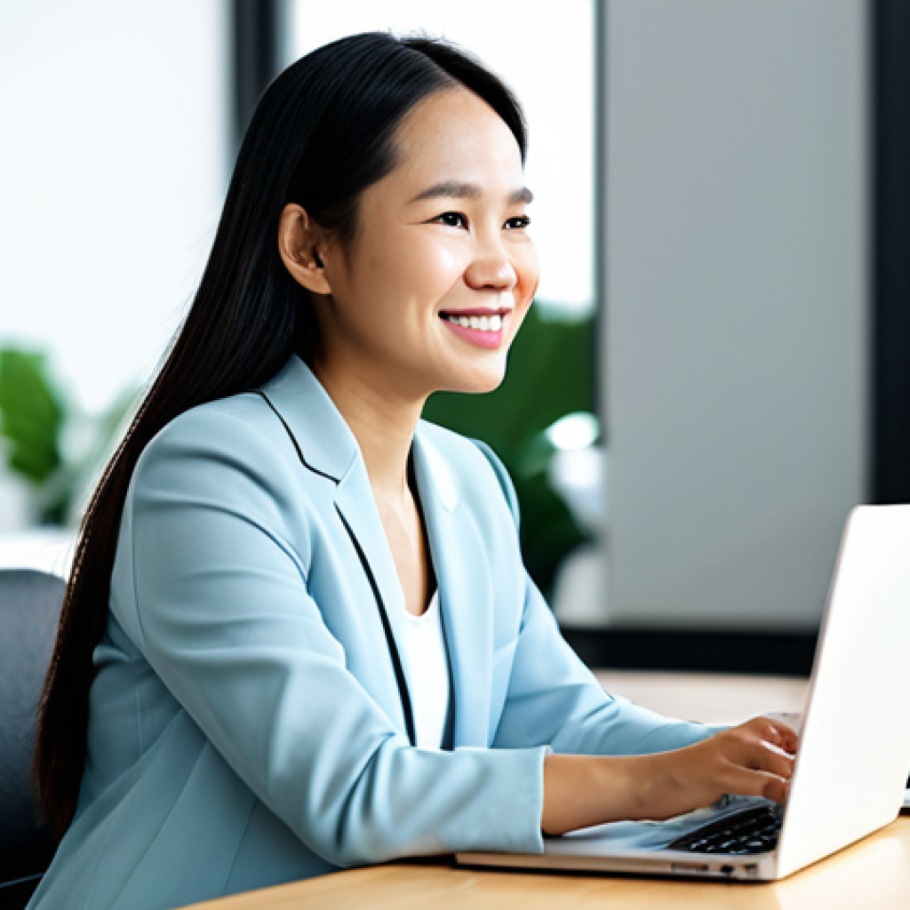 A thoughtful solopreneur, a Vietnamese woman, dressed in modest business casual attire, sitting comfortably at a clean, modern desk in a well-lit co-working space. She is looking towards a laptop screen, a gentle, encouraging smile on her face, with subtle hints of other diverse, fully clothed individuals in the blurred background, symbolizing a supportive community. The overall atmosphere is calm, professional, and inviting. safe for work, appropriate content, fully clothed, professional, perfect anatomy, correct proportions, natural pose, well-formed hands, proper finger count, natural body proportions, professional photography, high quality image.