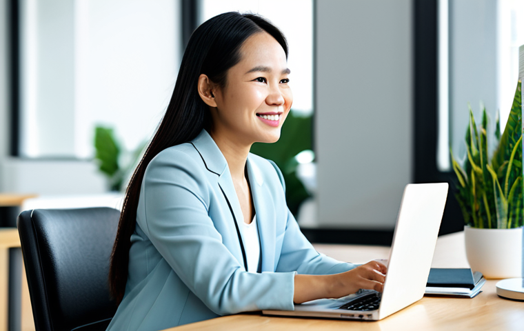 A thoughtful solopreneur, a Vietnamese woman, dressed in modest business casual attire, sitting comfortably at a clean, modern desk in a well-lit co-working space. She is looking towards a laptop screen, a gentle, encouraging smile on her face, with subtle hints of other diverse, fully clothed individuals in the blurred background, symbolizing a supportive community. The overall atmosphere is calm, professional, and inviting. safe for work, appropriate content, fully clothed, professional, perfect anatomy, correct proportions, natural pose, well-formed hands, proper finger count, natural body proportions, professional photography, high quality image.