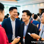 Home 22 솔로프레너의 네트워크 확장을 위한 기법 - A professional networking event in Ho Chi Minh City, Vietnam, showing diverse Vietnamese businesspeo...