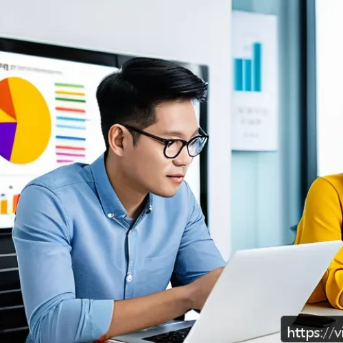 Home 31 솔로프레너를 위한 콘텐츠 마케팅 전략 - A vibrant and modern Vietnamese marketing office setting, featuring young professionals collaboratin...