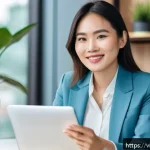 Home 18 솔로프레너 네트워크의 브랜드 이미지 관리 - A confident Vietnamese female entrepreneur in her early 30s, dressed in smart casual business attire...